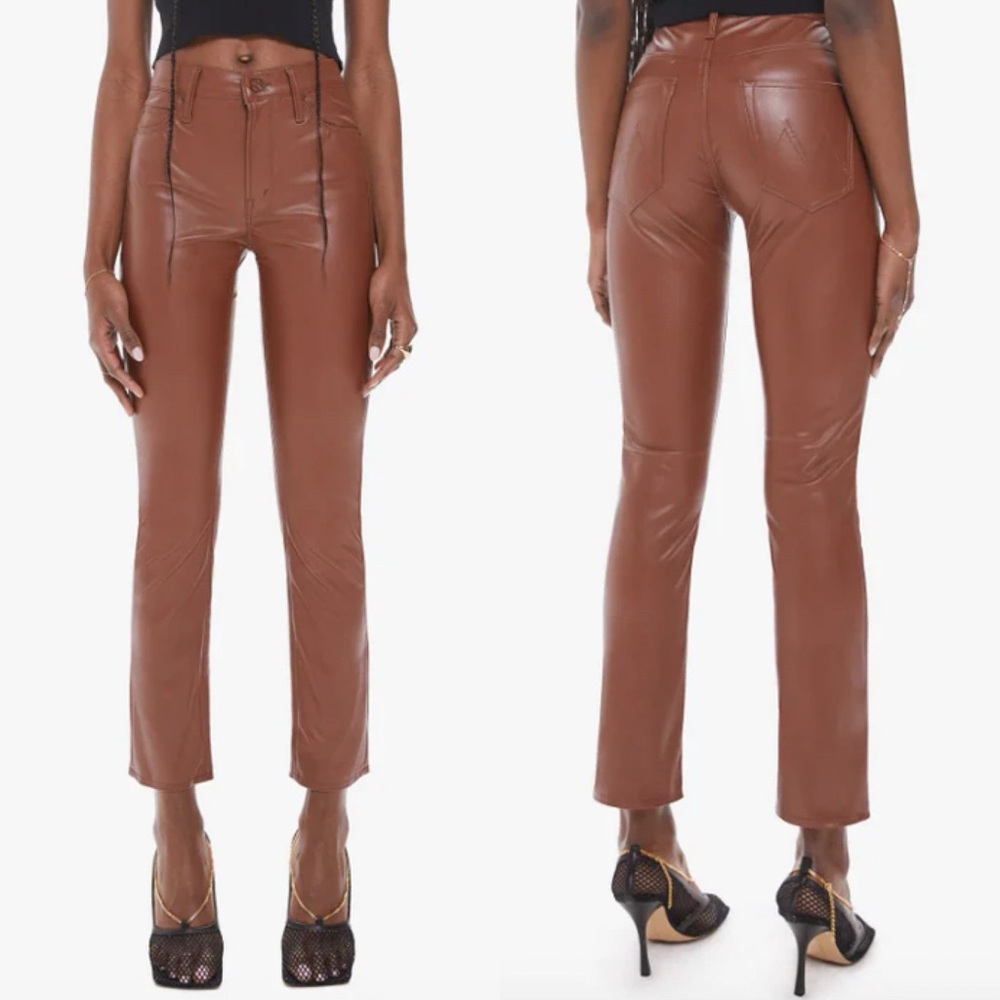 Mother The Mid Rise Dazzler Ankle Faux Leather Jeans Friar Brown NEW